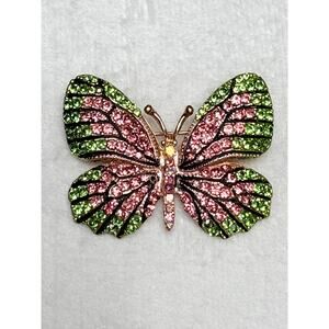 Pink & Green Enamel Rhinestone Butterfly Brooch – Vintage 2000s Costume Pin